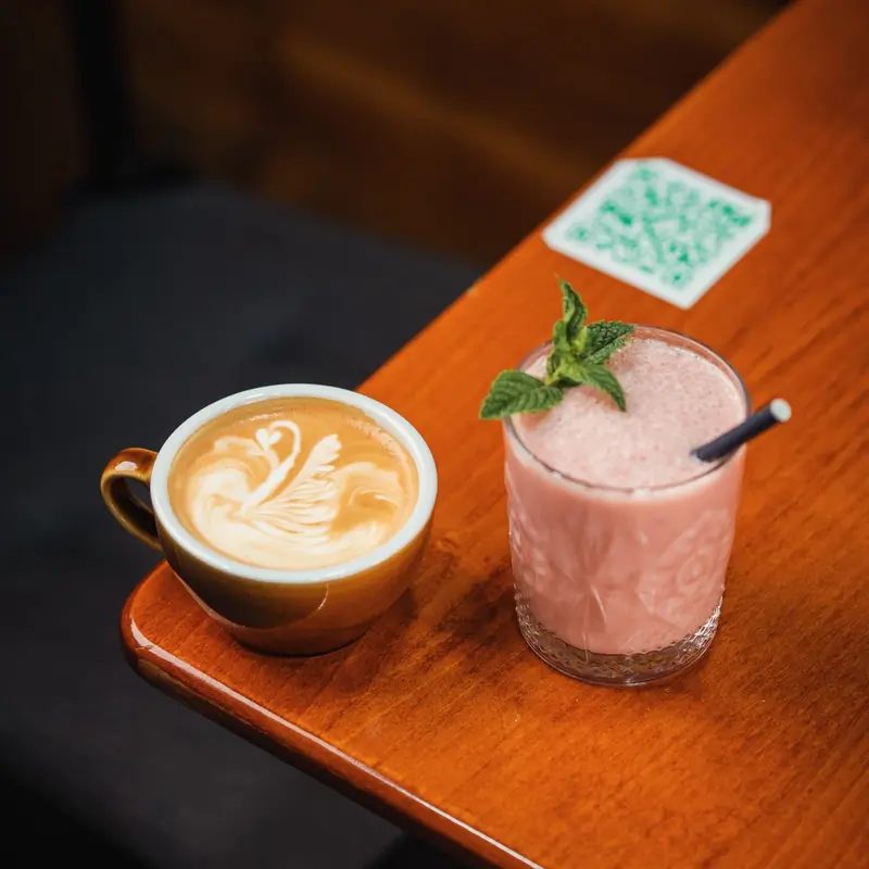 Flat white and a strawberry smoothie